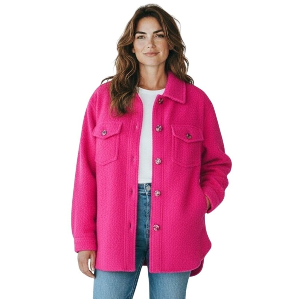 Evereve M Vibrant Pink Boucle Shacket Shirt Jacket M NEW Button Front Bold